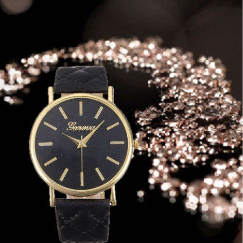 WOMAN GENEVA BLACK FACED ANALOG QUARTZ WRIST WATCH WITH BLACK QUILTED PU LEATHER STRAP