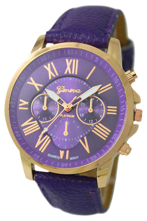 DEEP PURPLE DIAL WATCH WITH ROMAN NUMERALS, AND FAUX LEATHER STRAP