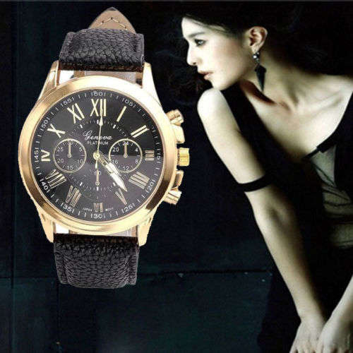 WOMAN GENEVA BLACK FACED ANALOG QUARTZ WRIST WATCH WITH BLACK PU LEATHER STRAP