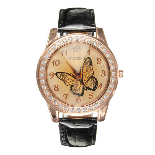 STUNNING!    FASHIONABLE LADIES BUTTERFLY  CRYSTAL SURROUNDED DIAL  WATCH WITH BLACK STRAP