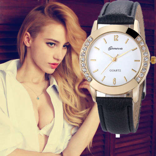 HOT!!! GENEVA WOMEN'S CRYSTAL ANALOG  QUARTZ DRESS WATCH WITH BLACK  FAUX LEATHER STRAP
