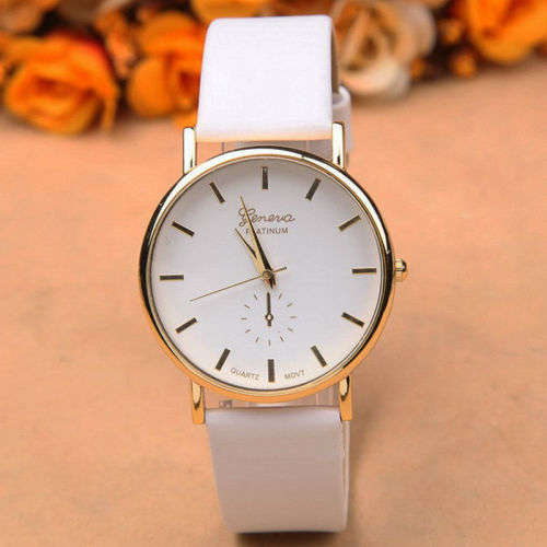 PRETTY WHITE AND GOLD GENEVA PLATINUM  ANALOG QUARTZ  WATCH WITH WHITE STRAP