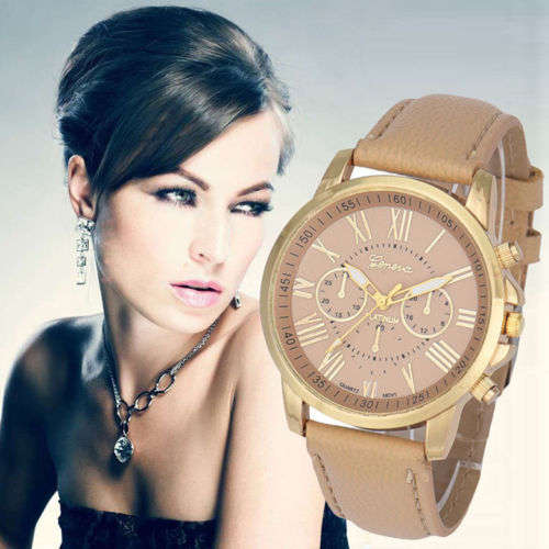 LUXURY GENEVA ROSE GOLD BEIGE DIAL WITH ROMAN NUMERALS QUARTZ ANALOG LADIES STUNNING WATCH