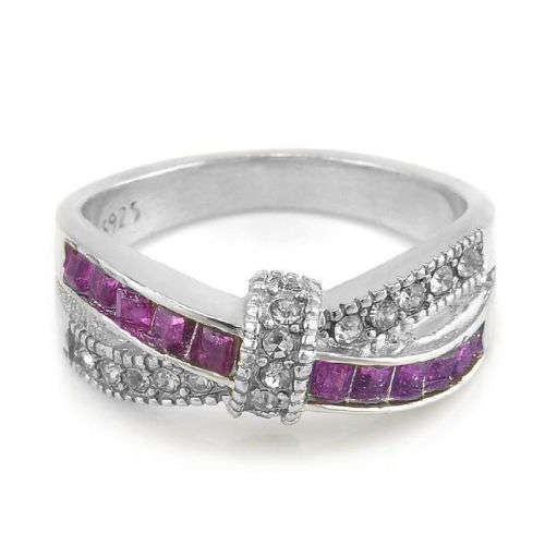 1.6ct AMETHYST & WHITE CZ'S IN CROSS OVER DESIGN  925 SILVER PLATED RING SIZE 8  (Q) - FASHION ITEM