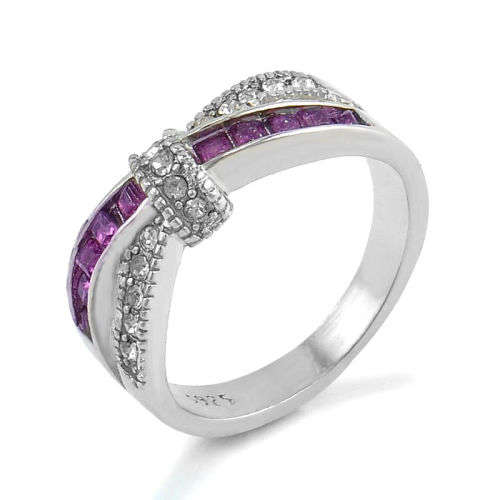 1.6ct AMETHYST & WHITE CZ'S IN CROSS OVER DESIGN  925 SILVER PLATED RING SIZE 8  (Q) - FASHION ITEM