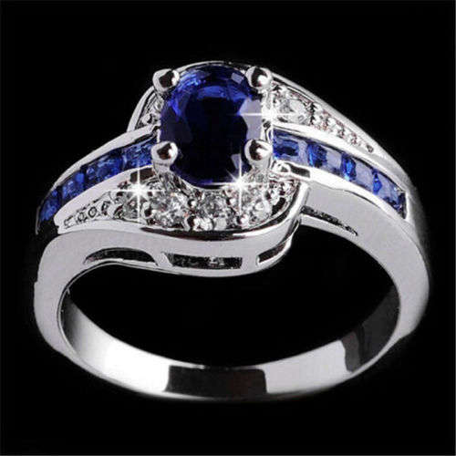 SAPPHIRE  & WHITE CZ'S IN A UNIQUE DESIGN  - SILVER  FILLED - RING SIZE 8  (Q) - FASHION ITEM