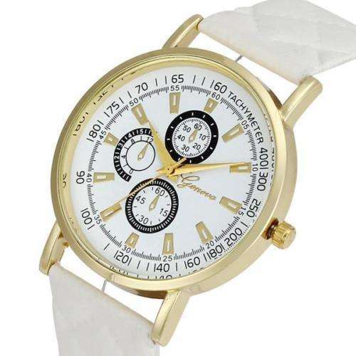 LADIES GENEVA CASUAL SPORTY FASHION WRISTWATCH WITH WHITE QUILTED FAUX LEATHER STRAP