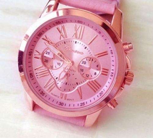 GENEVA PINK DIAL WATCH WITH ROMAN NUMERALS PRETTY PINK FAUX LEATHER STRAP