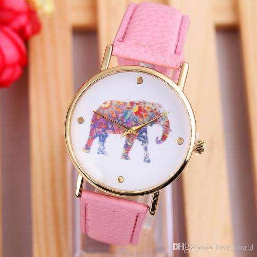 WOMAN'S/GIRLS ELEPHANT PATTERN DIAL QUARTZ WRISTWATCH WITH PINK FAUX LEATHER STRAP