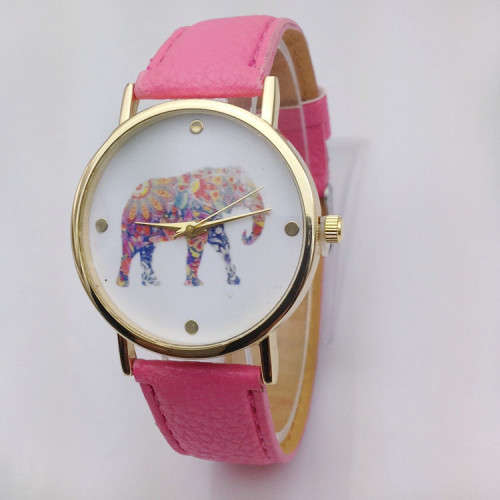 WOMAN'S/GIRLS ELEPHANT PATTERN DIAL QUARTZ WRISTWATCH WITH PINK FAUX LEATHER STRAP