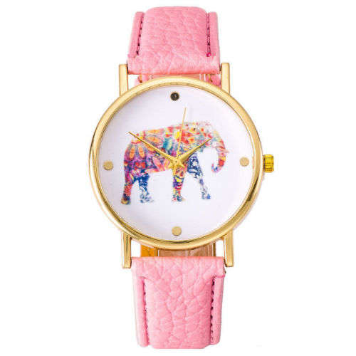 WOMAN'S/GIRLS ELEPHANT PATTERN DIAL QUARTZ WRISTWATCH WITH PINK FAUX LEATHER STRAP