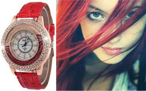 GO-GOEY RED 2 ROW CRYSTAL AND MOTION CRYSTALS WOMAN'S ANALOG QUARTZ FAUX RED LEATHER BAND WATCH