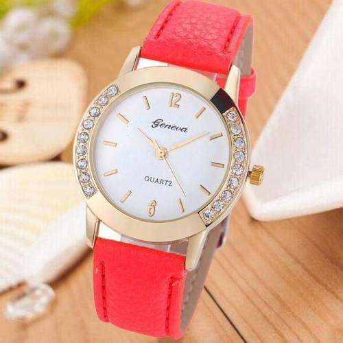 FASHION GENEVA WOMAN'S WATCH WITH RED  FAUX LEATHER STRAP AND CRYSTAL INLAY ON BODY