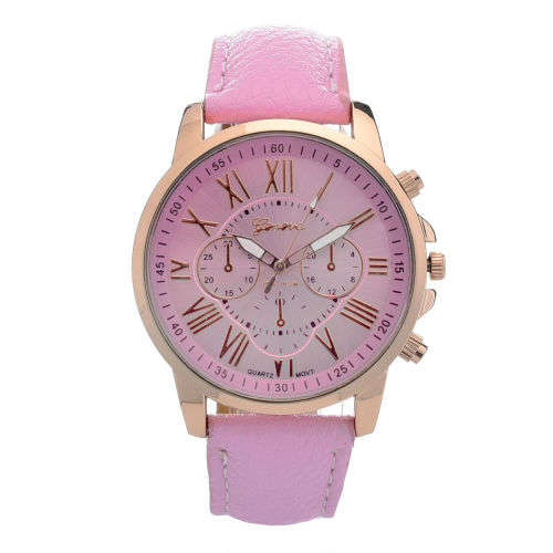 GENEVA PINK DIAL WATCH WITH ROMAN NUMERALS PRETTY PINK FAUX LEATHER STRAP