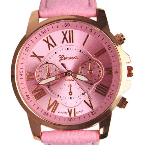 GENEVA PINK DIAL WATCH WITH ROMAN NUMERALS PRETTY PINK FAUX LEATHER STRAP