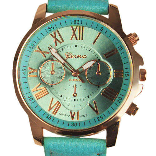PRETTY GENEVA  WOMANS MINT ROMAN NUMERALS ANALOG QUARTZ WRISTWATCH WITH FAUX LEATHER STRAP