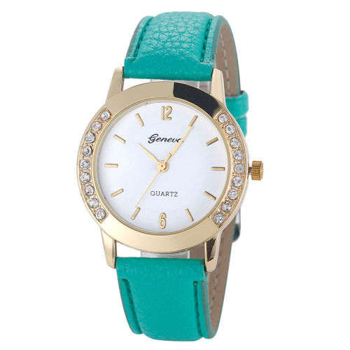 HOT!!! GENEVA WOMEN'S CRYSTAL ANALOG  QUARTZ DRESS WATCH WITH MINT GREEN  FAUX LEATHER STRAP