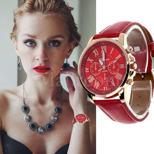 CLASSIC RED GENEVA ROMAN NUMERAL ANALOG QUARTZ  WATCH WITH RED FAUX LEATHER