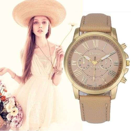 GENEVA WOMANS BEIGE ROMAN NUMERALS ANALOG QUARTZ WRISTWATCH WITH FAUX LEATHER STRAP