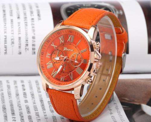 WOMAN CHIC CHARMING ORANGE FACE GENEVA ROMAN NUMERAL QUARTZ  WATCH WITH FAUX LEATHER STRAP