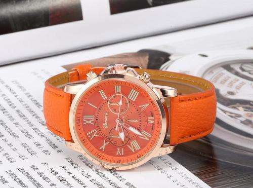 WOMAN CHIC CHARMING ORANGE FACE GENEVA ROMAN NUMERAL QUARTZ  WATCH WITH FAUX LEATHER STRAP