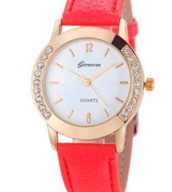 FASHION GENEVA WOMAN'S WATCH WITH RED  FAUX LEATHER STRAP AND CRYSTAL INLAY ON BODY