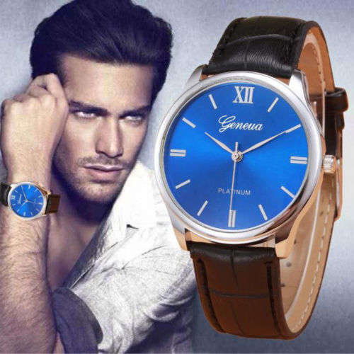 GENEVA MENS FASHION RETRO WATCH QUARTZ ANALOG  WATCH WITH BLACK PU LEATHER STRAP