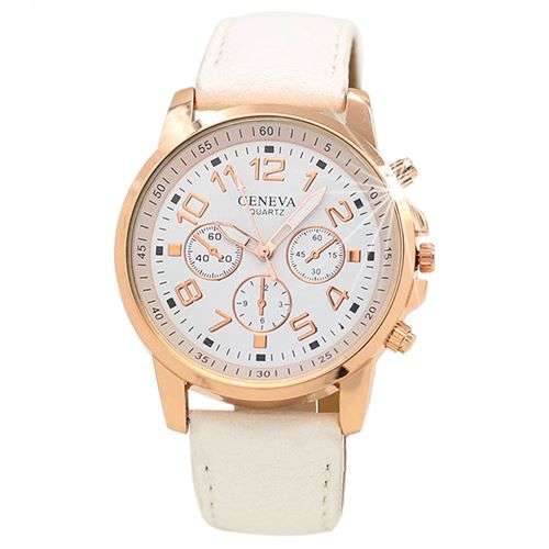 STUNNING GIFT!!  GENEVA WHITE SUB DIAL WATCH WITH WHITE DIAL AND FAUX LEATHER STRAP