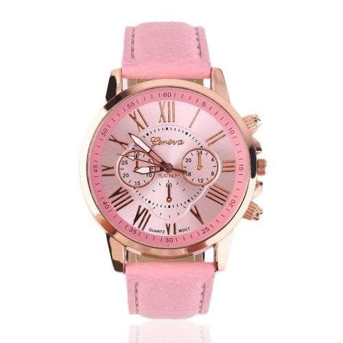 GENEVA  WOMANS PINK ROMAN NUMERALS ANALOG QUARTZ WRISTWATCH WITH FAUX LEATHER STRAP