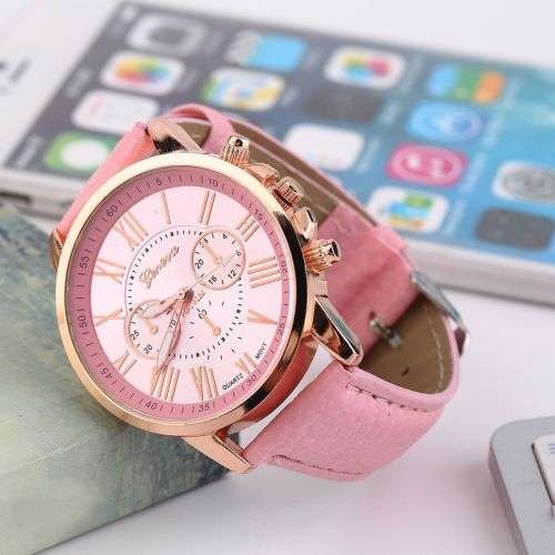 GENEVA  WOMANS PINK ROMAN NUMERALS ANALOG QUARTZ WRISTWATCH WITH FAUX LEATHER STRAP