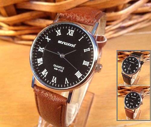 NEW-SANWOOD MEN'S ROMAN NUMERAL QUARTZ DRESS WATCH WITH BLACK FAUX LEATHER STRAP
