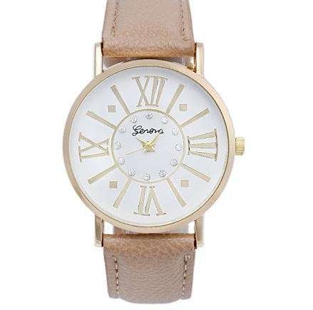 GENEVA WOMANS FASHION WATCH WITH DIAMANTE, ROMAN NUMERALS AND PU LEATHER BAND