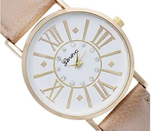 GENEVA WOMANS FASHION WATCH WITH DIAMANTE, ROMAN NUMERALS AND PU LEATHER BAND
