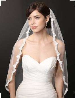 WHITE 1 TIER CLASSIC ELBOW LENGTH BRIDE'S VEIL WITH LACE TRIMMING  WITH COMB - STUNNING