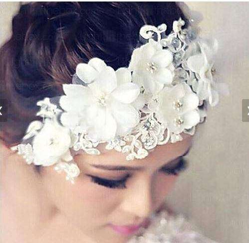 BRIDE'S HAIR  FAUX PEARL, CRYSTAL AND LACE FLOWER HEADBAND OR HAIR ACCESSORY / TIARA