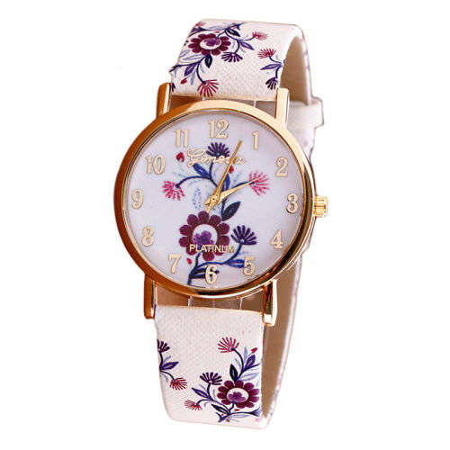 WOMAN'S GENEVA PLATINUM FLORAL PRINT  - MAUVE / PURPLE QUARTZ ANALOG WATCH