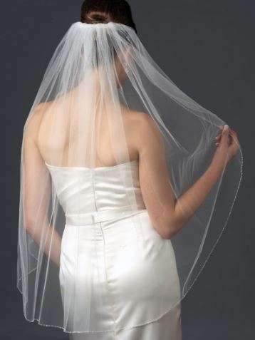 RARE FIND!  1 TIER WHITE ELBOW LENGTH WEDDING BRIDAL VEIL WITH COMB  - CRYSTAL EDGING