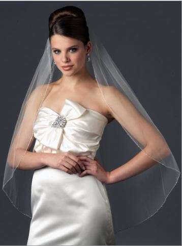 RARE FIND!  1 TIER WHITE ELBOW LENGTH WEDDING BRIDAL VEIL WITH COMB  - CRYSTAL EDGING
