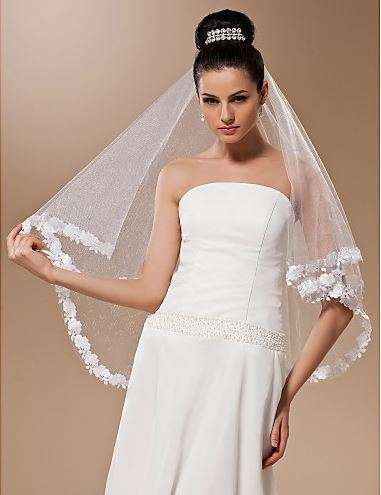 WHITE ELBOW LENGTH WEDDING BRIDE'S VEIL  WITH SMALL FLORAL APPLIQUE EDGING - NO COMB