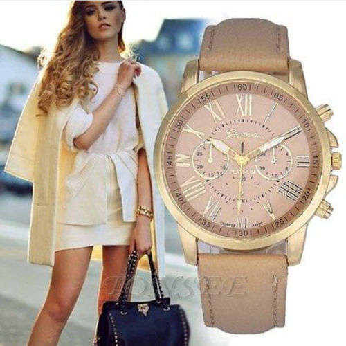GENEVA  WOMANS BEIGE ROMAN NUMERALS ANALOG QUARTZ WRISTWATCH WITH FAUX LEATHER STRAP