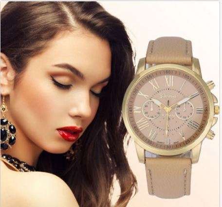 GENEVA  WOMANS BEIGE ROMAN NUMERALS ANALOG QUARTZ WRISTWATCH WITH FAUX LEATHER STRAP