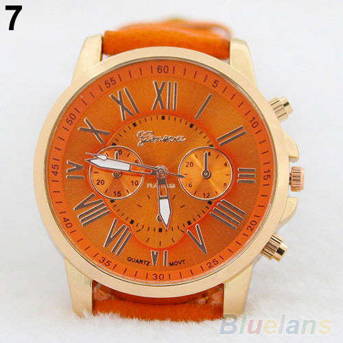 WOMAN CHIC CHARMING ORANGE FACE GENEVA ROMAN NUMERAL QUARTZ  WATCH WITH FAUX LEATHER STRAP