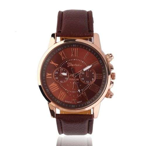 BEAUTIFUL BROWN GENEVA ROMAN NUMERAL ANALOG QUARTZ  WATCH WITH RED FAUX LEATHER