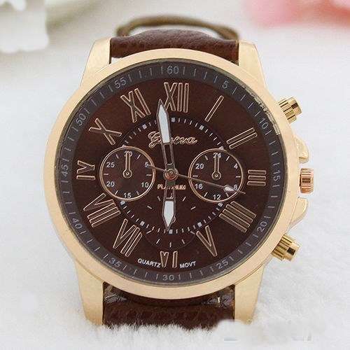 BEAUTIFUL BROWN GENEVA ROMAN NUMERAL ANALOG QUARTZ  WATCH WITH RED FAUX LEATHER