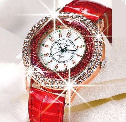 GO-GOEY RED 2 ROW CRYSTAL AND MOTION CRYSTALS WOMAN'S ANALOG QUARTZ FAUX RED LEATHER BAND WATCH