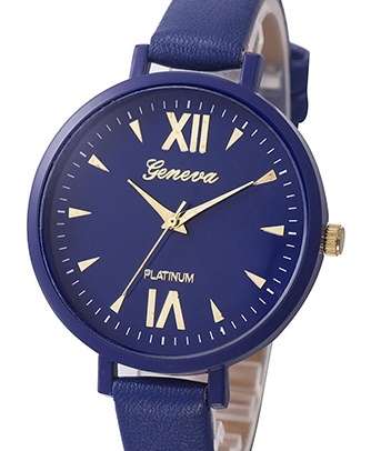 GENEVA-WOMEN THIN STRAP WATCH-FAUX-LEATHER-ROMAN-NUMERALS-QUARTZ-WRIST-WATCH-ROYAL BLUE