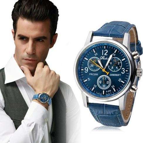 MODERN DRESS WATCH!!  EYE-CATCHING MEN'S WATCH WITH BLUE  FAUX CROCODILE LEATHER STRAP