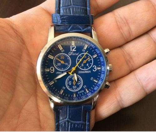 MODERN DRESS WATCH!!  EYE-CATCHING MEN'S WATCH WITH BLUE  FAUX CROCODILE LEATHER STRAP