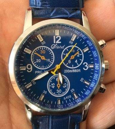 MODERN DRESS WATCH!!  EYE-CATCHING MEN'S WATCH WITH BLUE  FAUX CROCODILE LEATHER STRAP