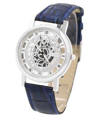 UNIQUE UNISEX SILVER SKELETON DIAL AND DEEP INK BLUE FAUX CROCODILE STRAP - NOT MECHANICAL
